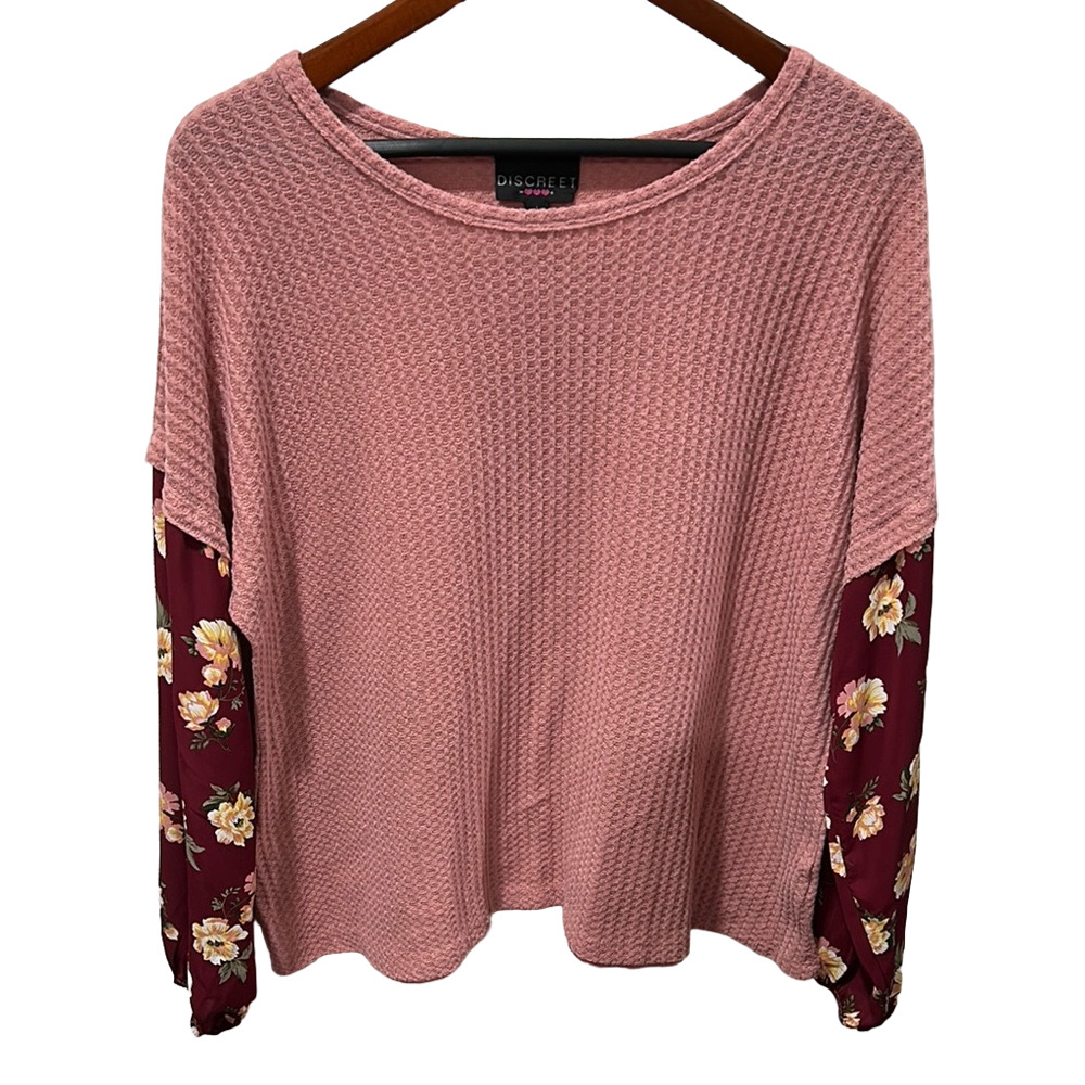 Discreet Pink Knit Top with Floral Sleeves size L GUC